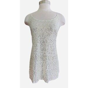 Moda International Women M Off White/ Gold Sequin Strappy Babydoll Mini Dress